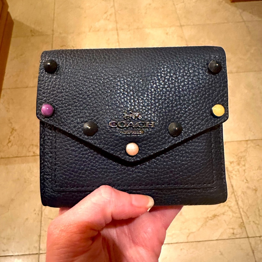 Coach navy small envelope wallet with rivets- Good preowned